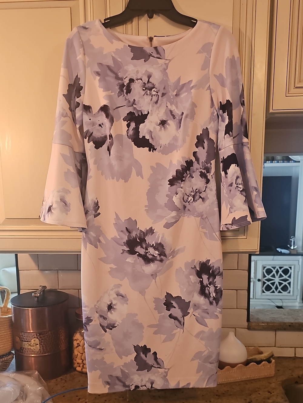Clavin Klein Floral Lavender Shift Dress with Bell Sleeves